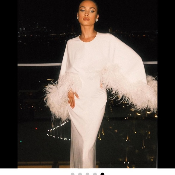 Wolf & Badger Dresses & Skirts - Elegant White Long Sleeve Dress with Feather Details